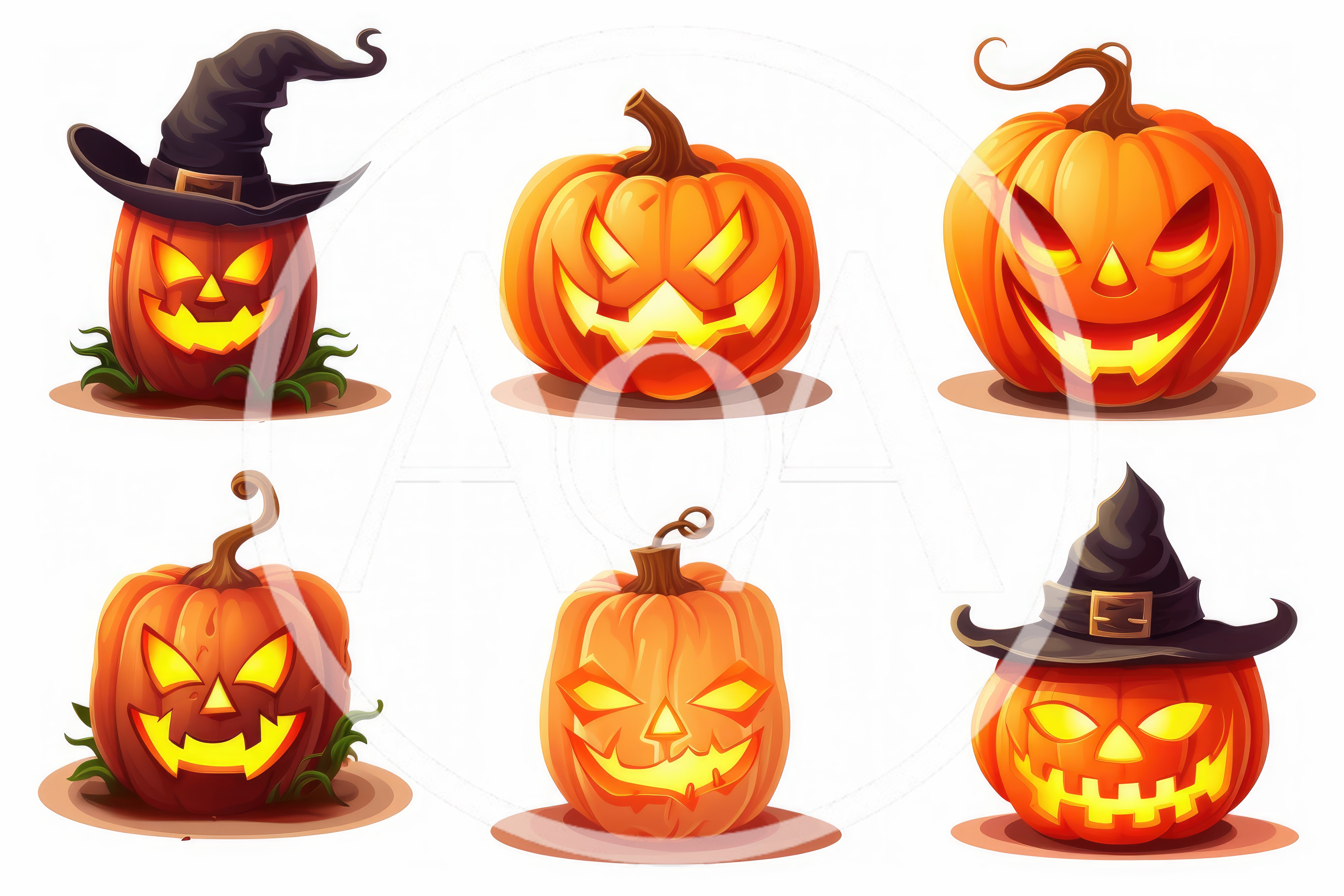 Set Of Six Spooky Halloween Jack O Lantern Pumpkins