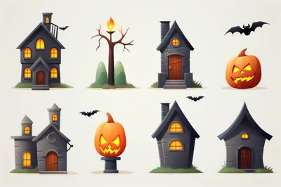 Set of Cartoon Halloween Haunted Houses and Pumpkins