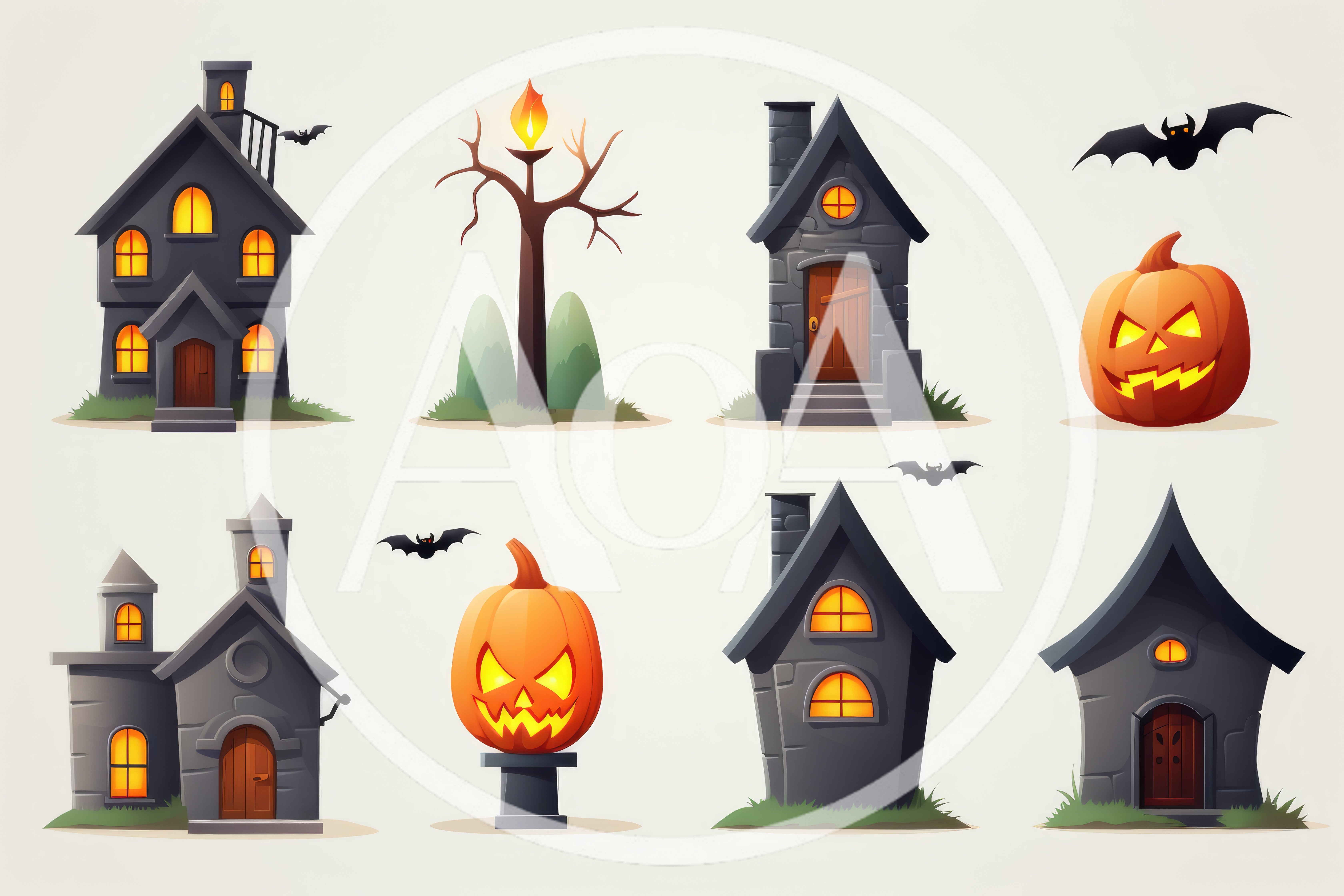 Set of Cartoon Halloween Haunted Houses and Pumpkins
