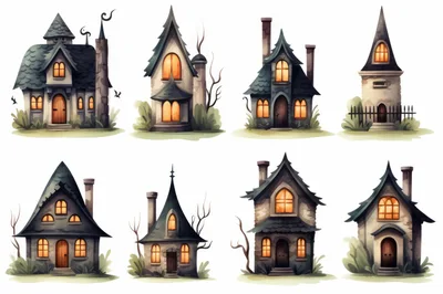 Set of Eight Whimsical Spooky Halloween Houses