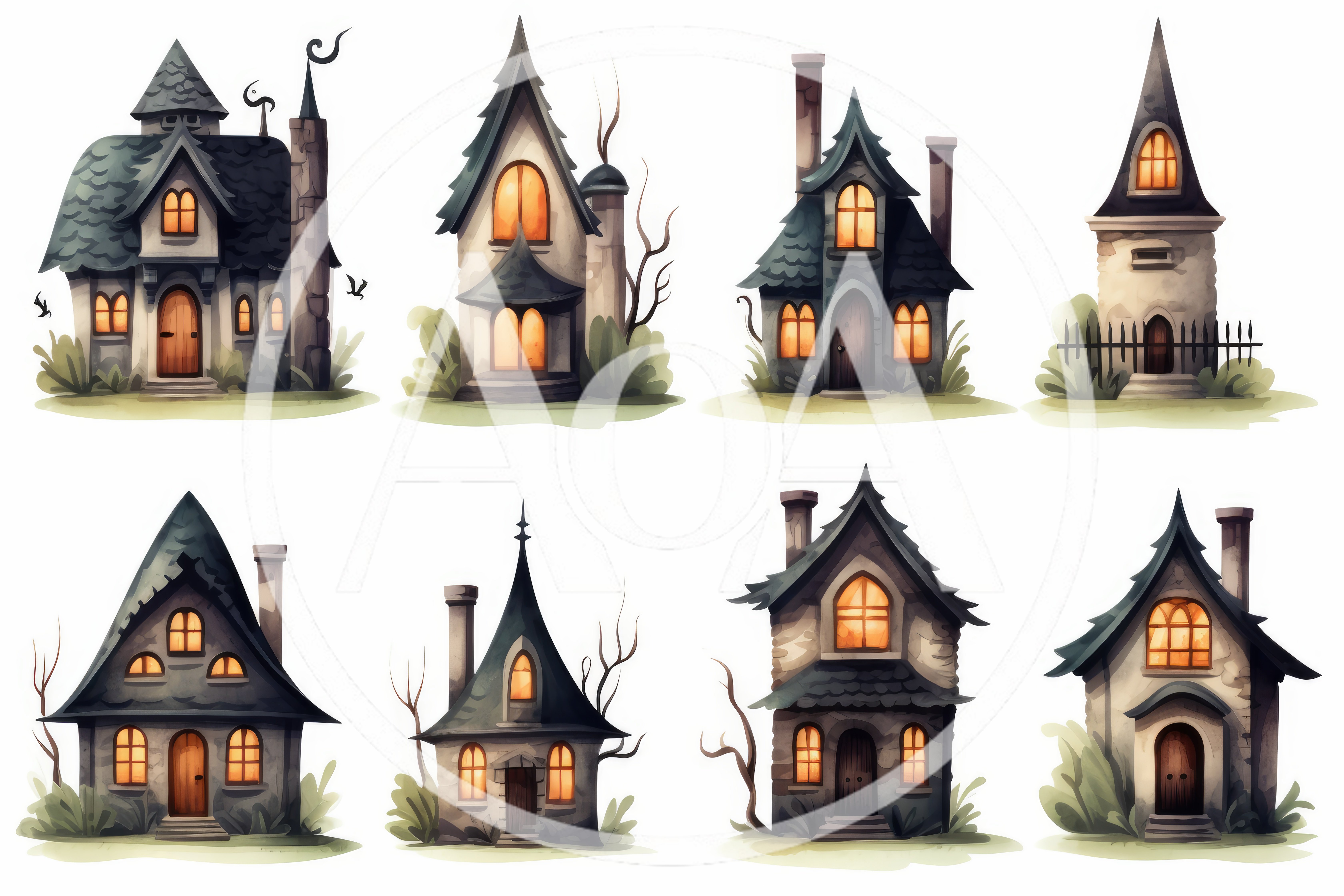 Set of Eight Whimsical Spooky Halloween Houses