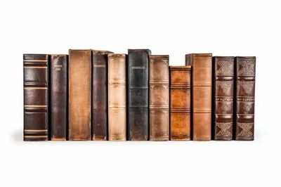 Row Of Antique Leather Bound Books On White Background