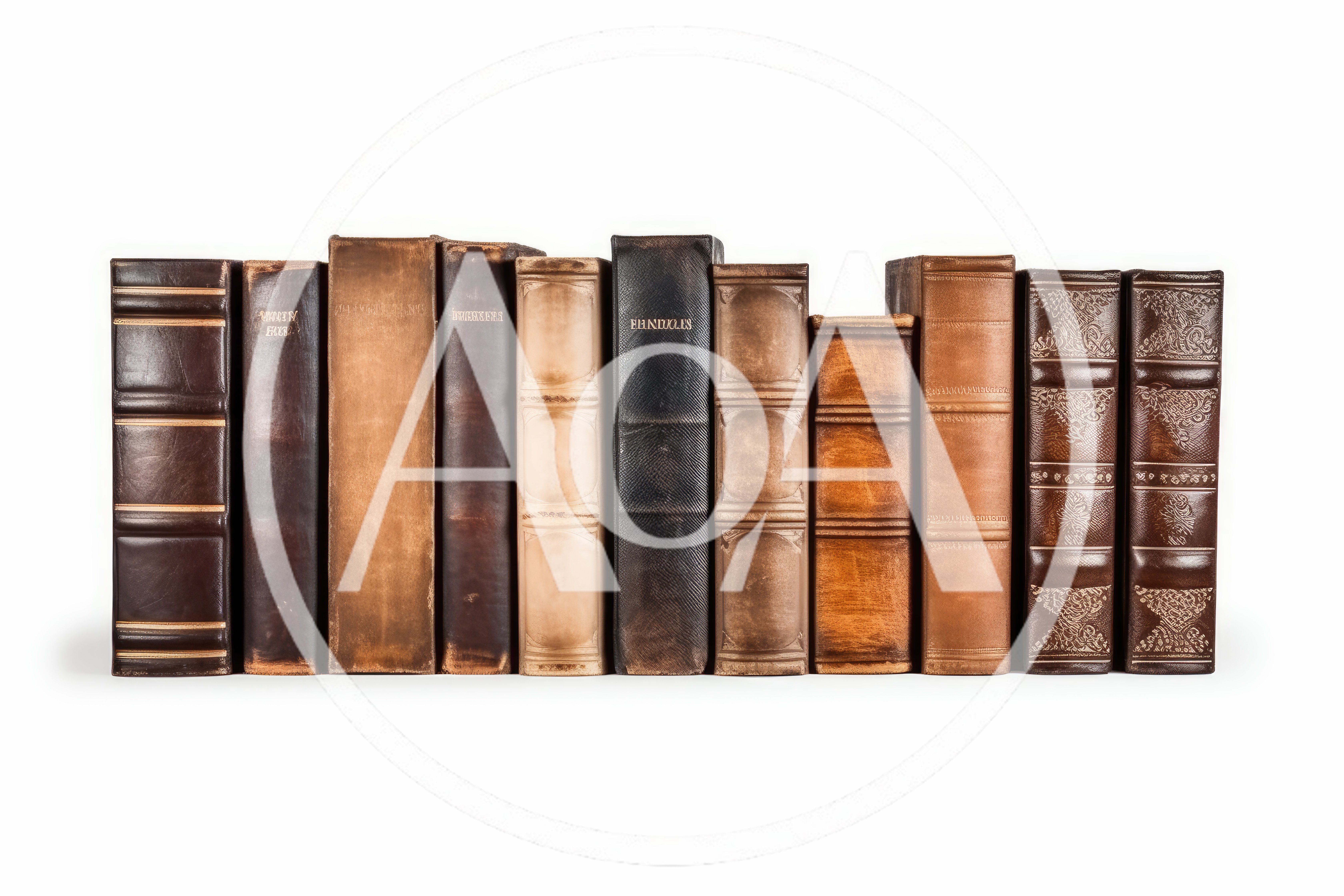 Row Of Antique Leather Bound Books On White Background