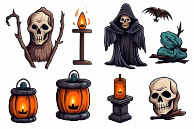 Halloween Themed Spooky Icons and Decorative Elements