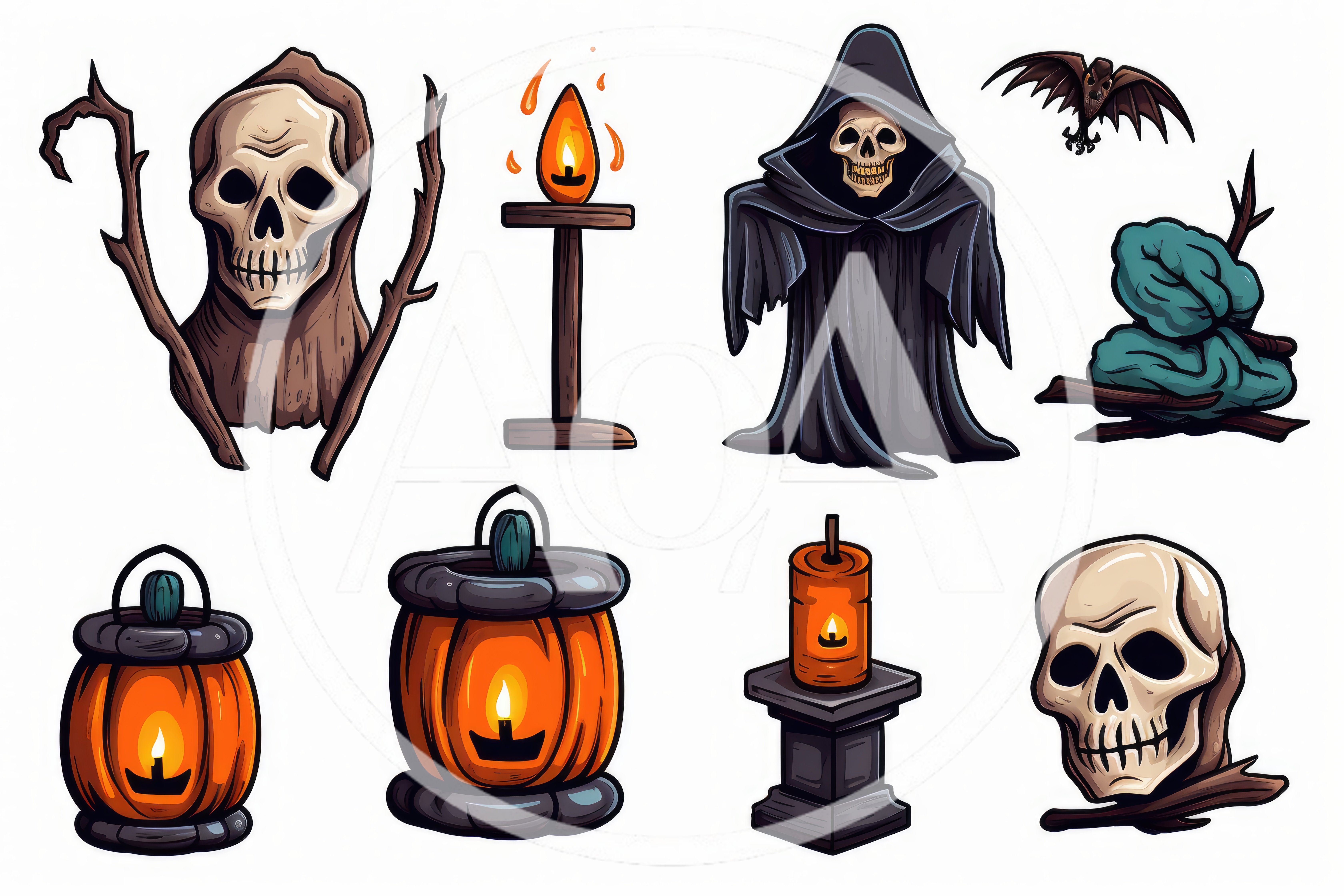 Halloween Themed Spooky Icons and Decorative Elements