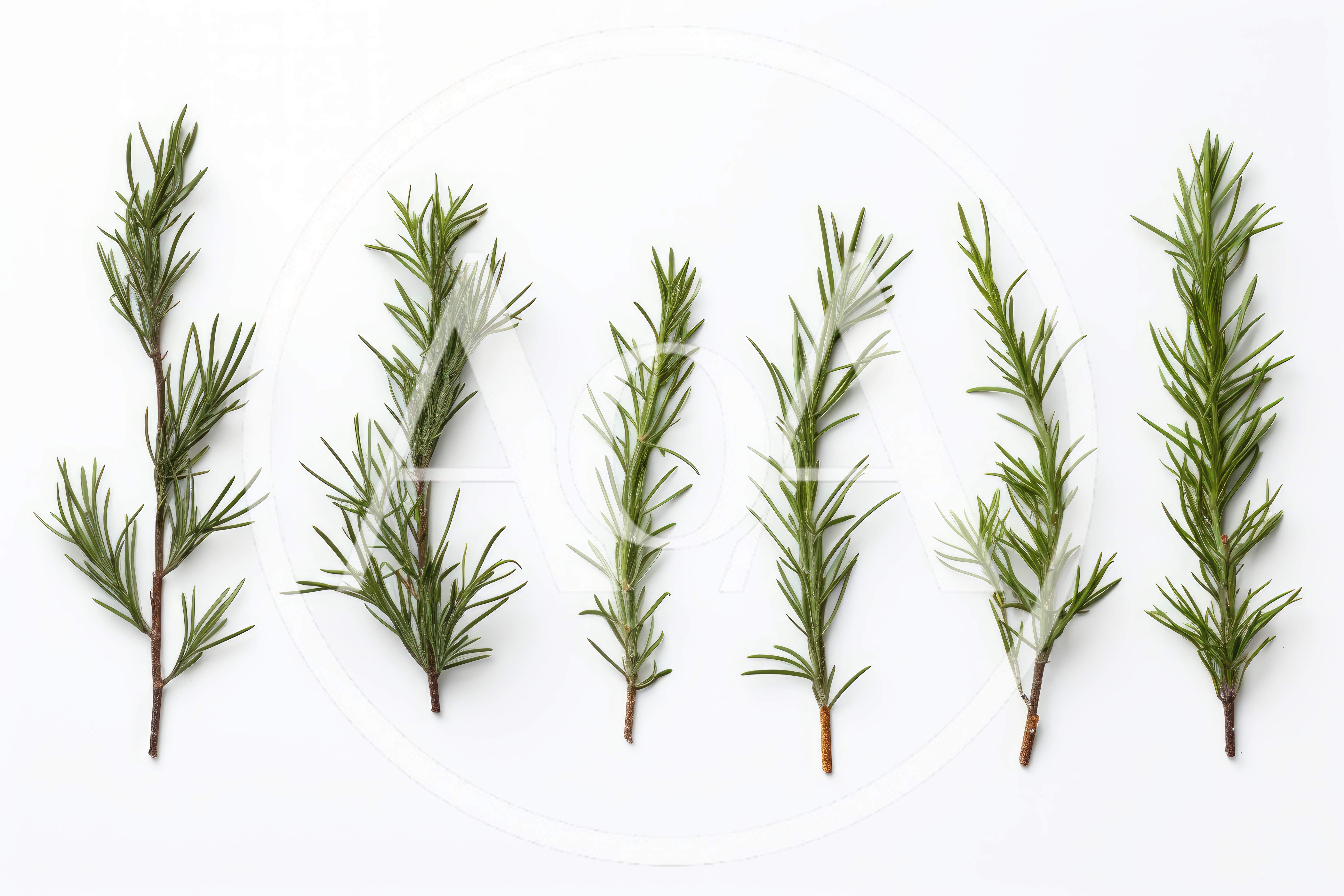 Six Fresh Rosemary Sprigs Arranged On White Background