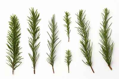 Six Fresh Rosemary Sprigs Arranged On White Background