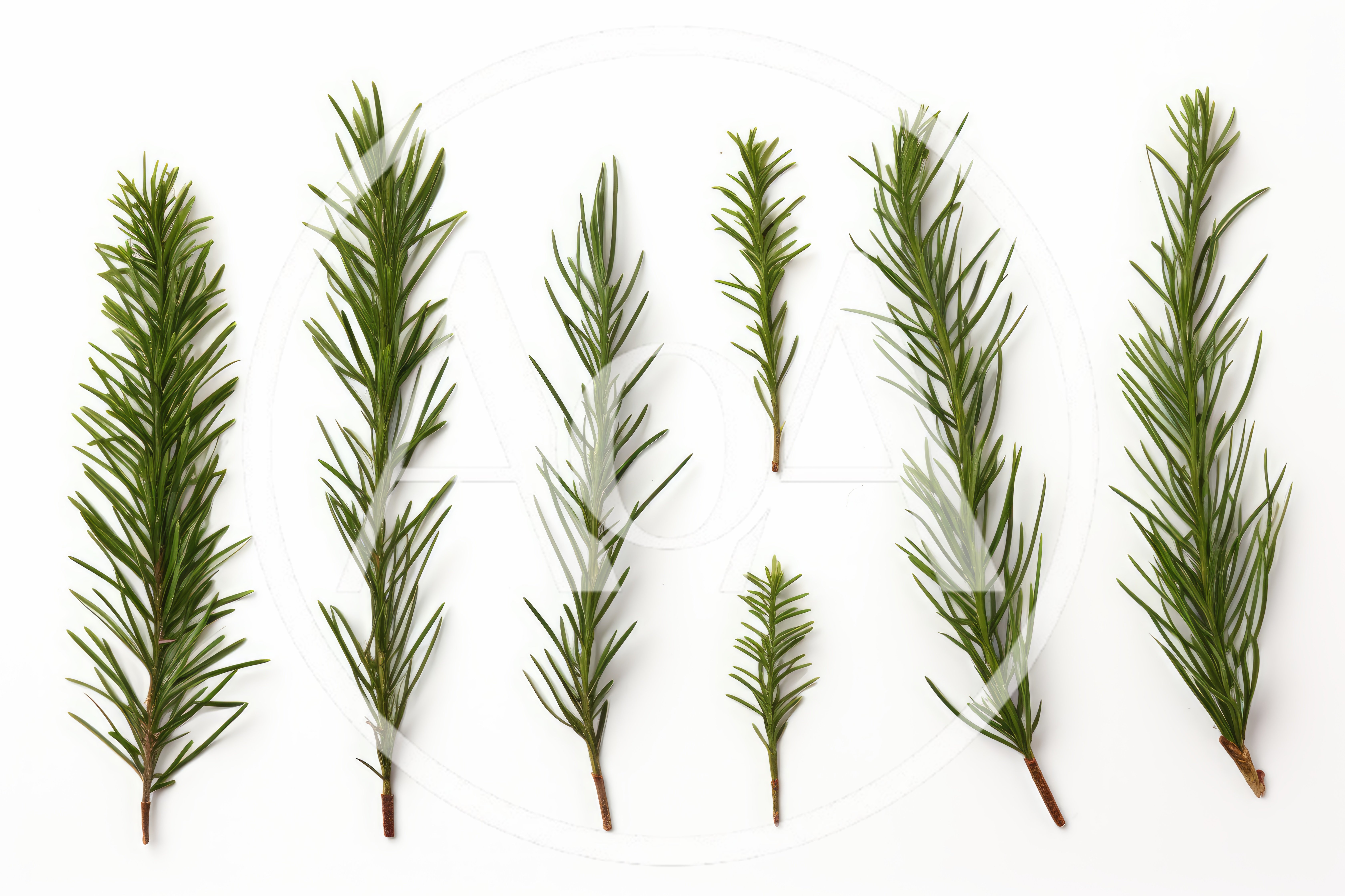 Six Fresh Rosemary Sprigs Arranged On White Background