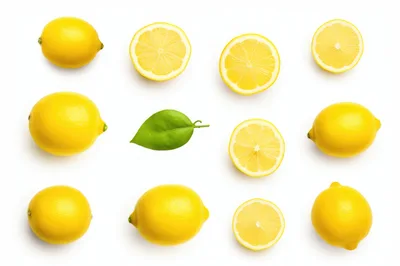 Fresh Whole And Sliced Lemons With Green Leaf