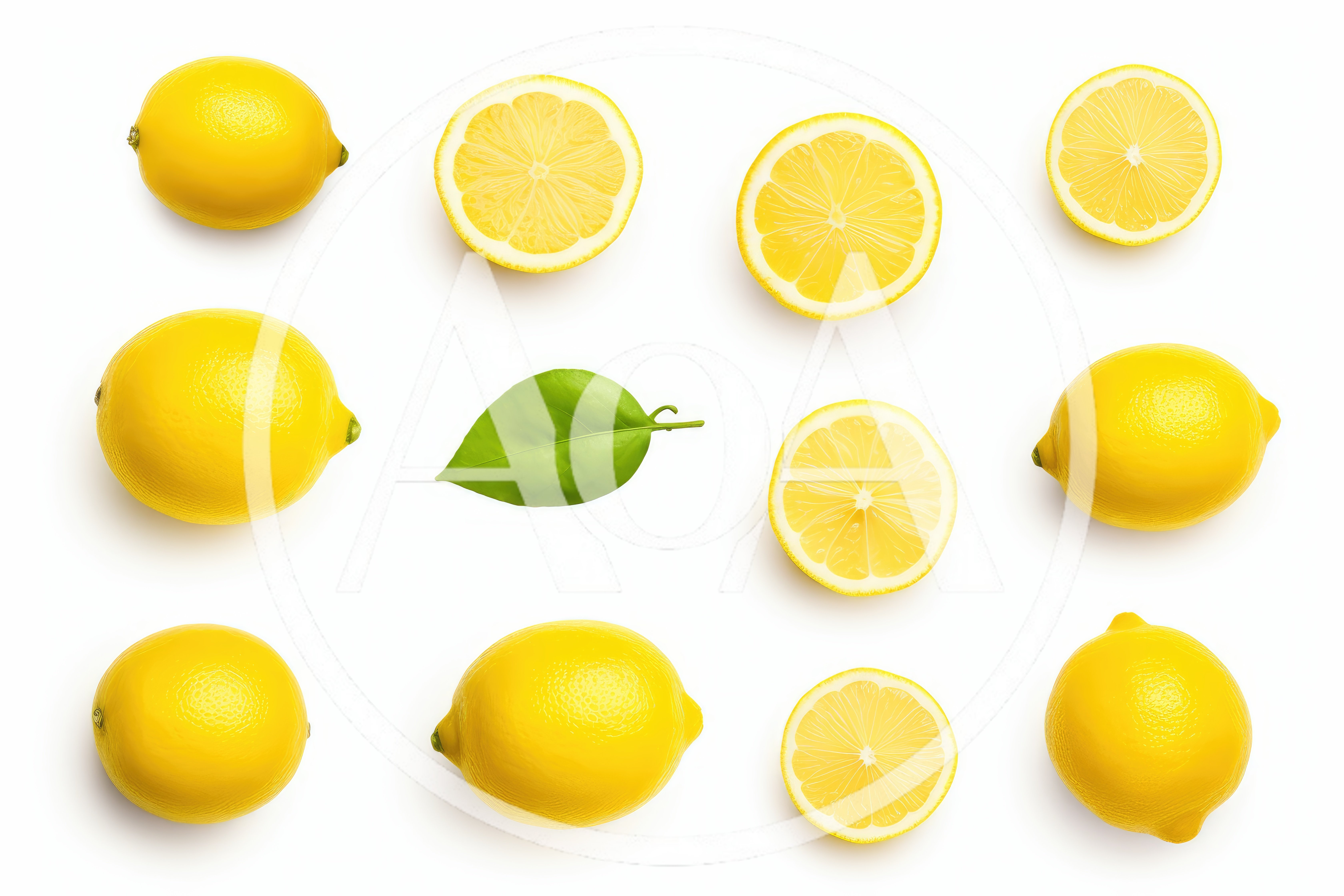 Fresh Whole And Sliced Lemons With Green Leaf