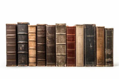 Row Of Antique Leather Bound Books On White Background