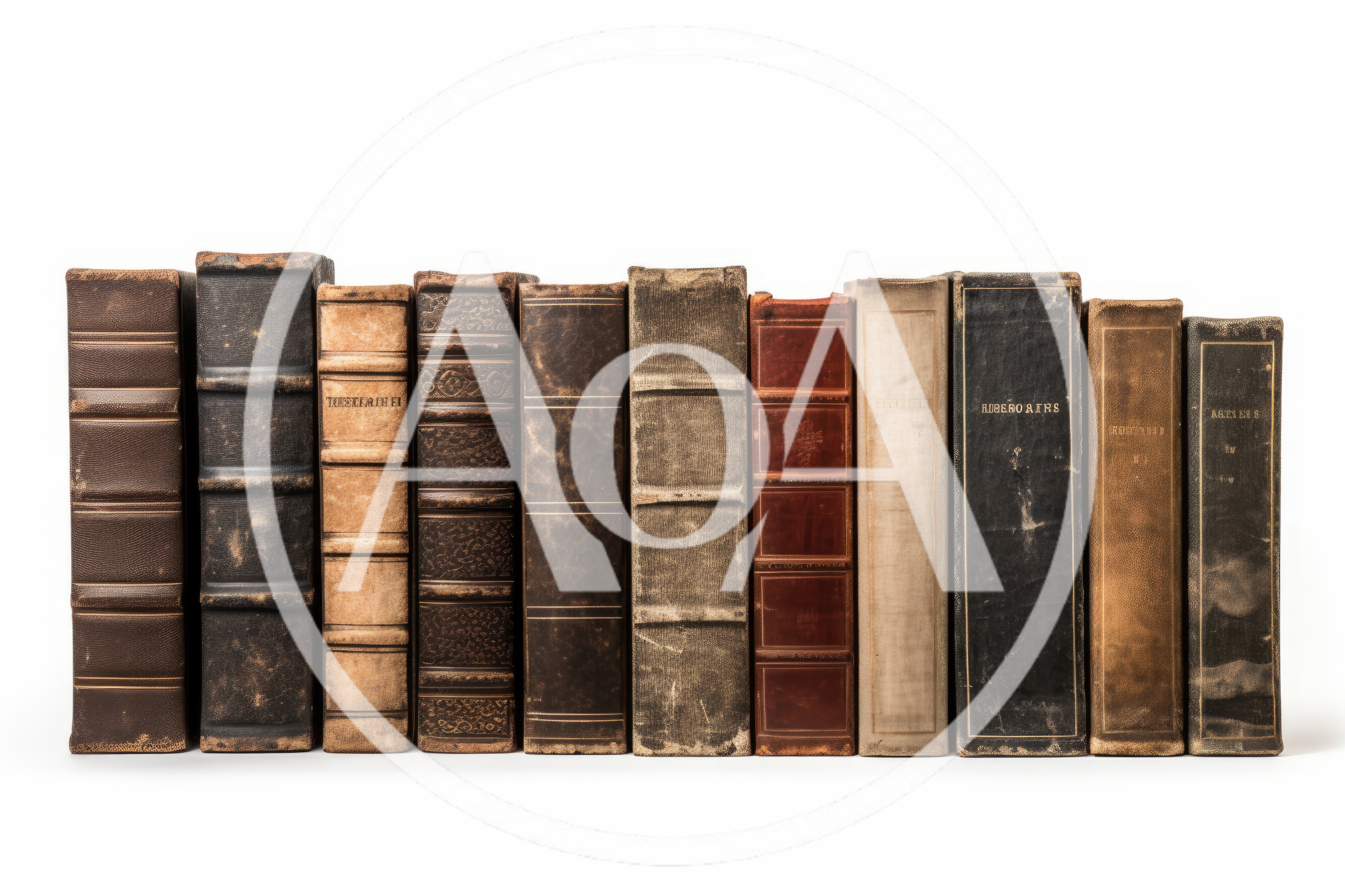 Row Of Antique Leather Bound Books On White Background