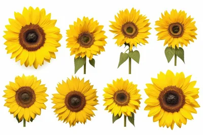 Collection of Eight Vibrant Sunflowers on White Background