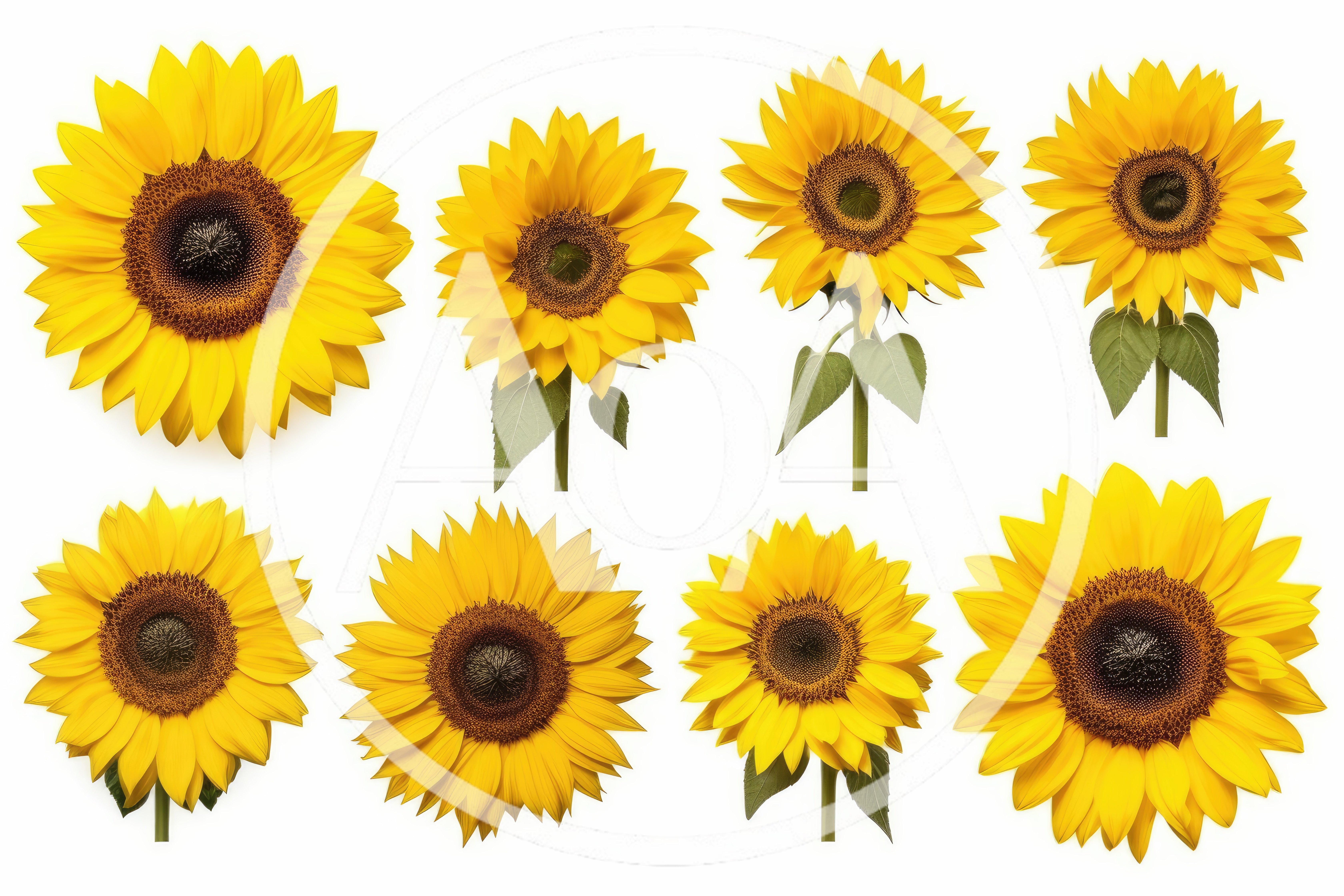 Collection of Eight Vibrant Sunflowers on White Background