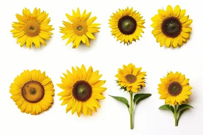 Collection Of Eight Vibrant Sunflowers On White Background