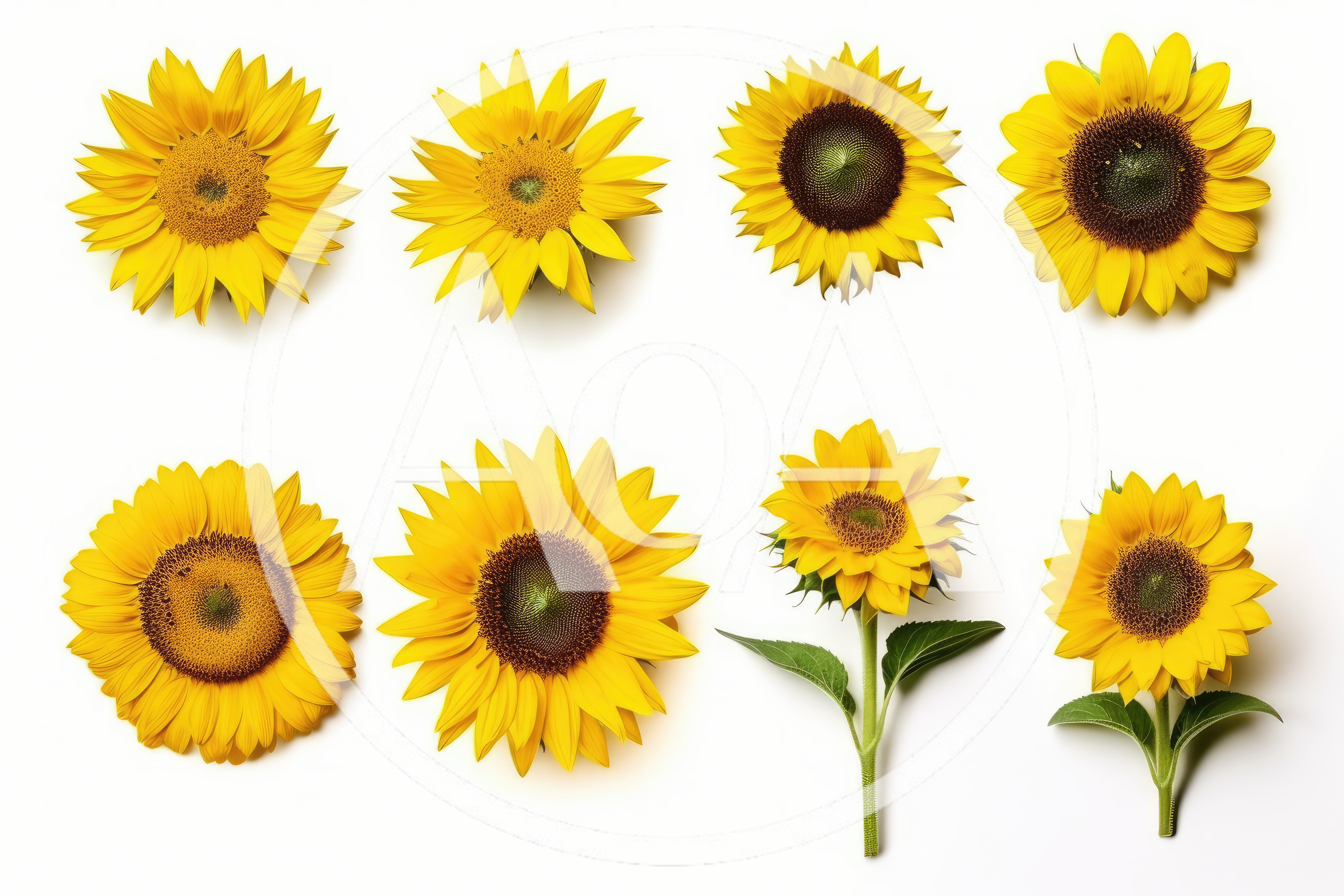 Collection Of Eight Vibrant Sunflowers On White Background
