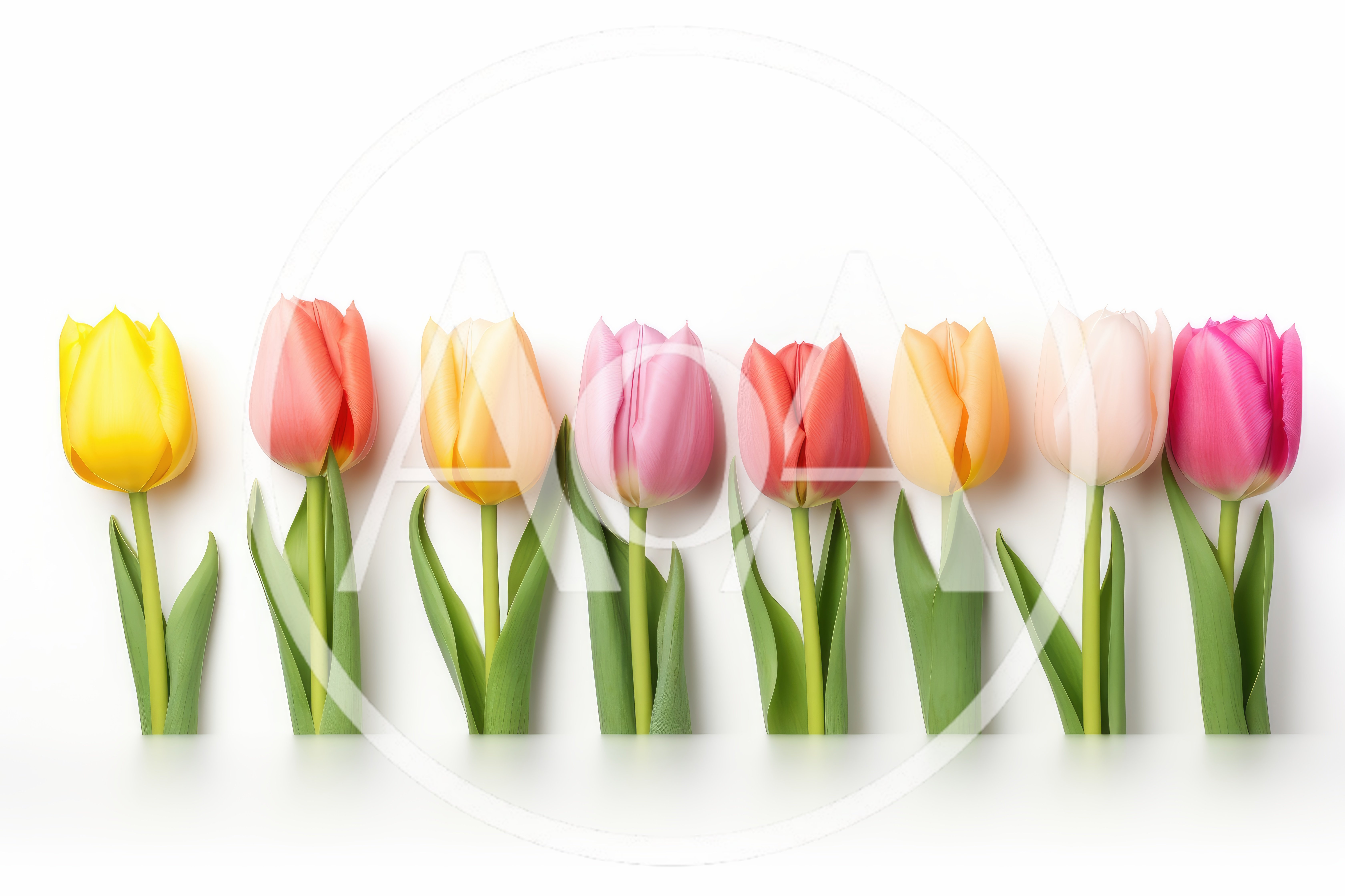 Eight Colorful Tulips Arranged In A Row