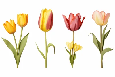 Four Distinctive Tulip Flowers Isolated On White Background