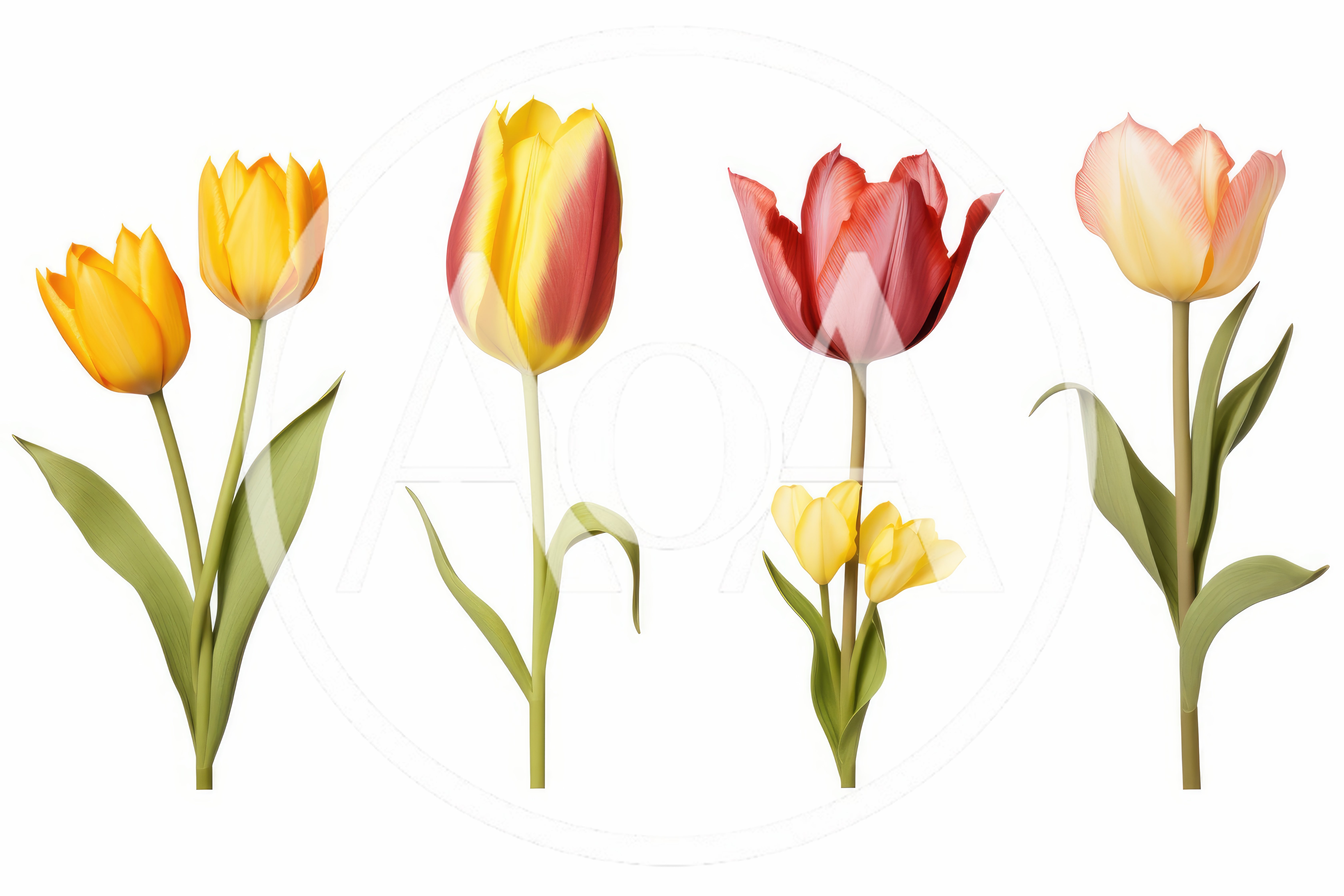 Four Distinctive Tulip Flowers Isolated On White Background