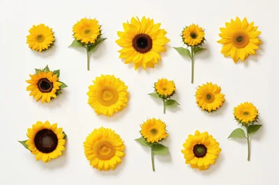 Collection Of Fresh Yellow Sunflowers On White Background