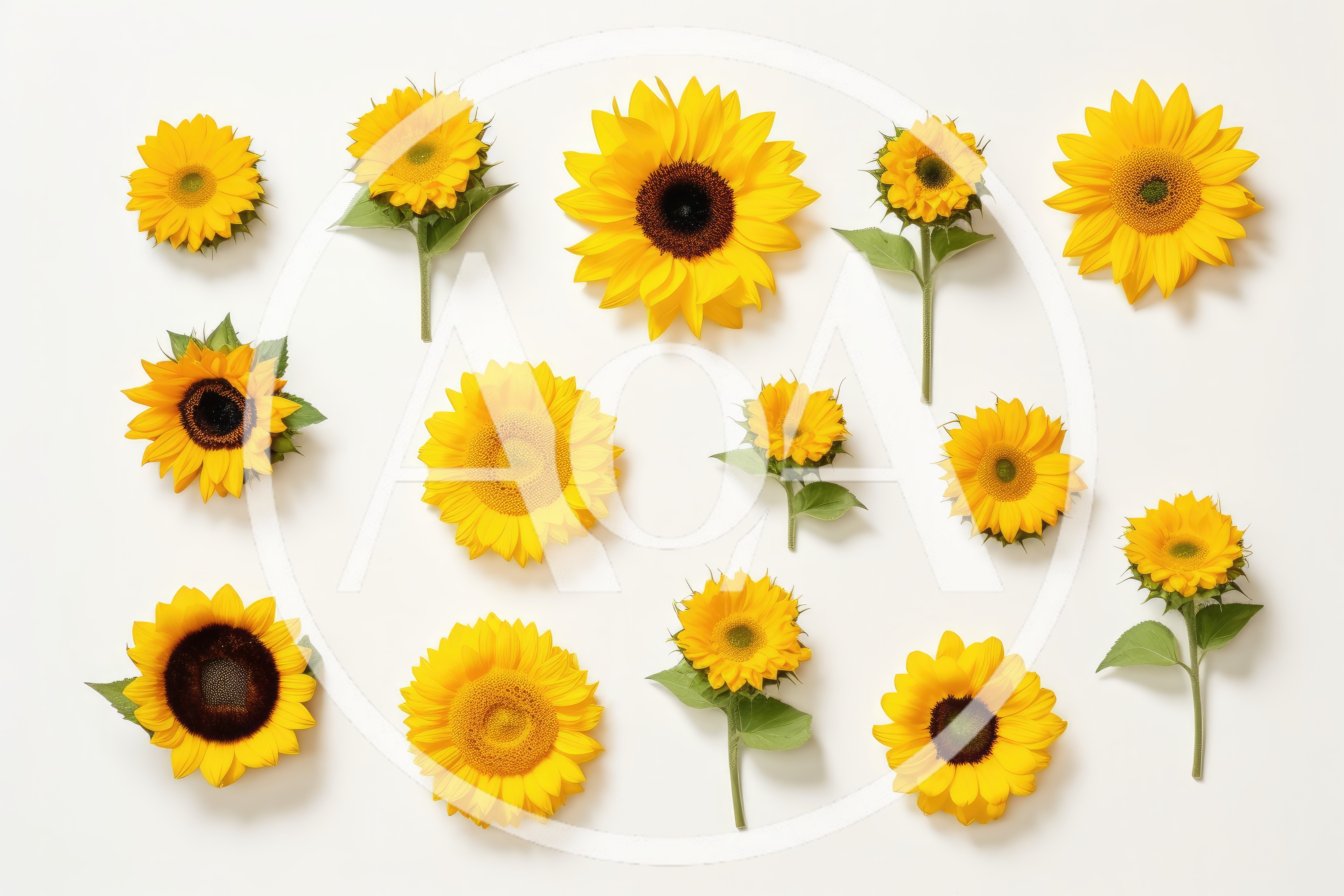 Collection Of Fresh Yellow Sunflowers On White Background