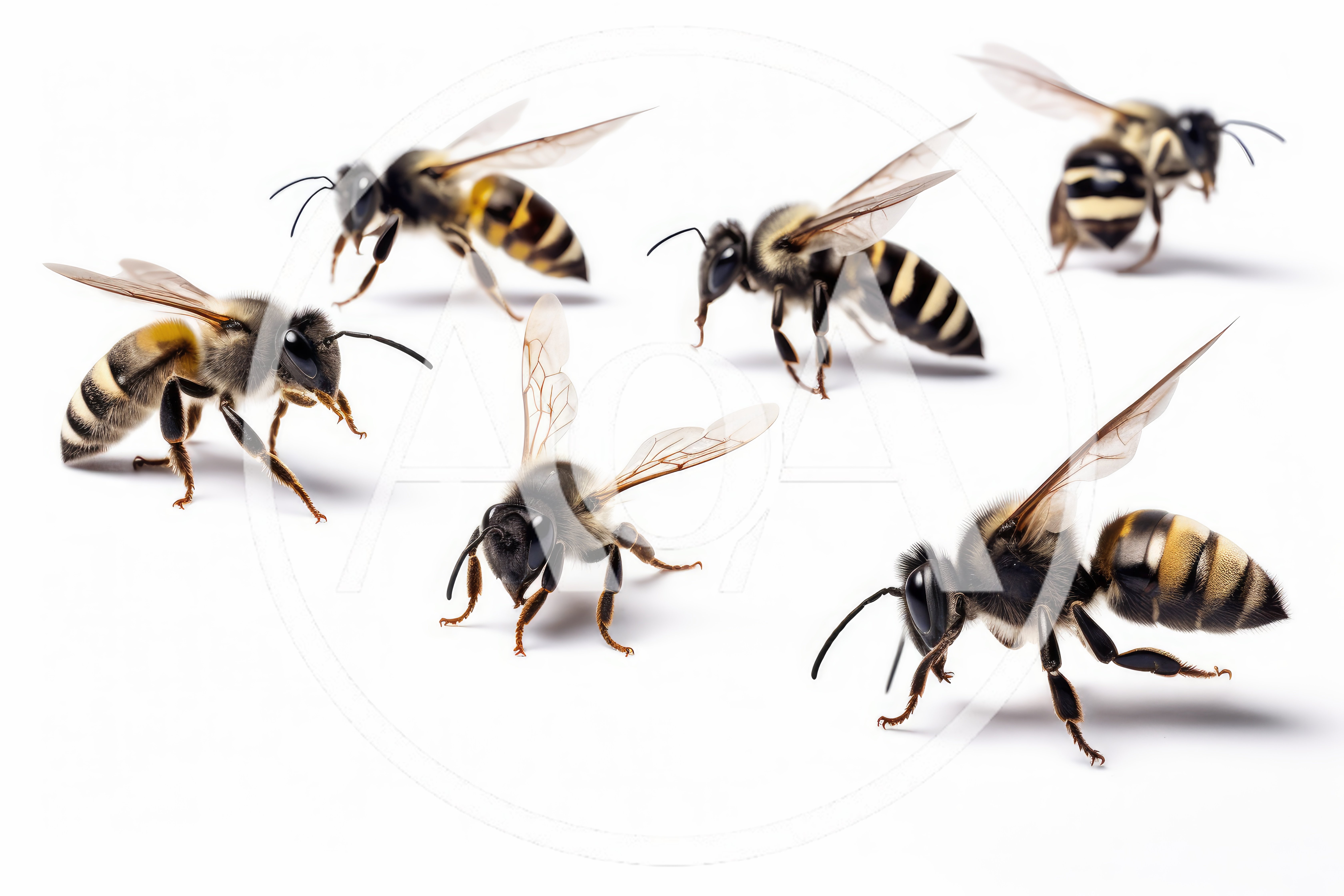Five Honey Bees Isolated On White Background