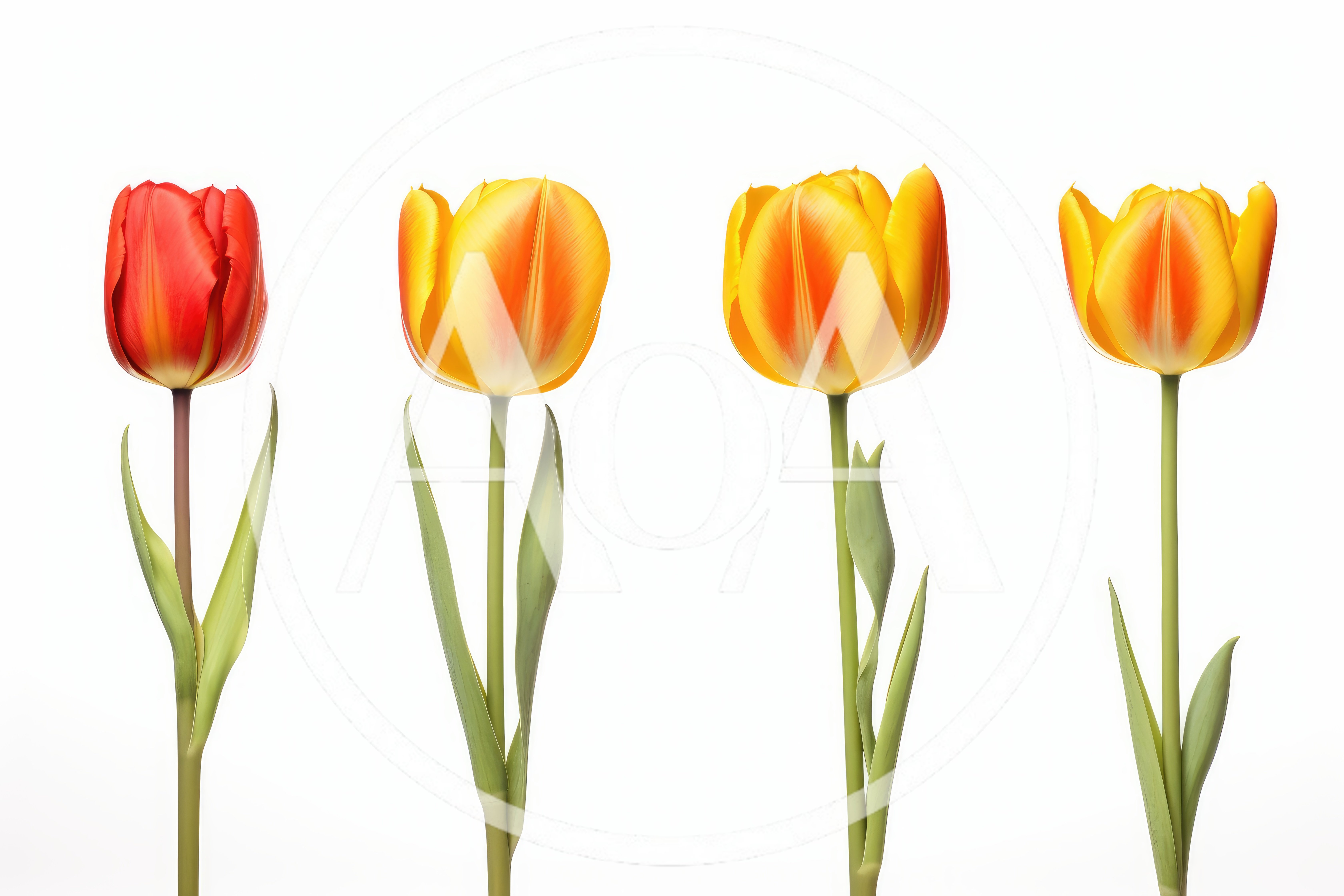 Four Vibrant Tulips Isolated On White Background