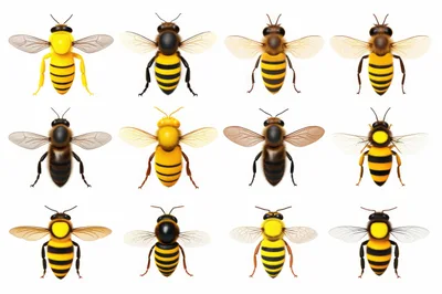 Collection Of Twelve Realistic Honey Bee Illustrations