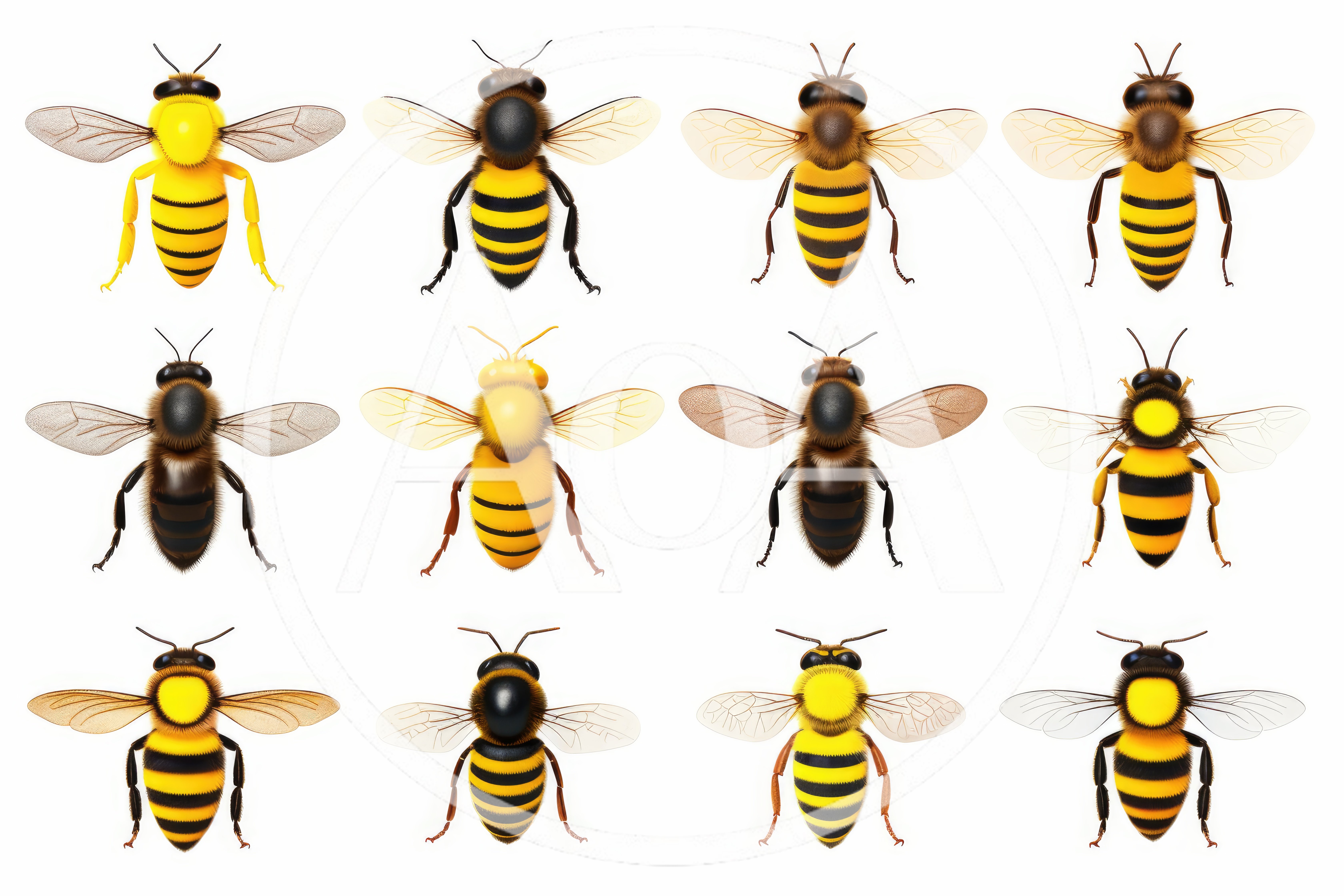 Collection Of Twelve Realistic Honey Bee Illustrations