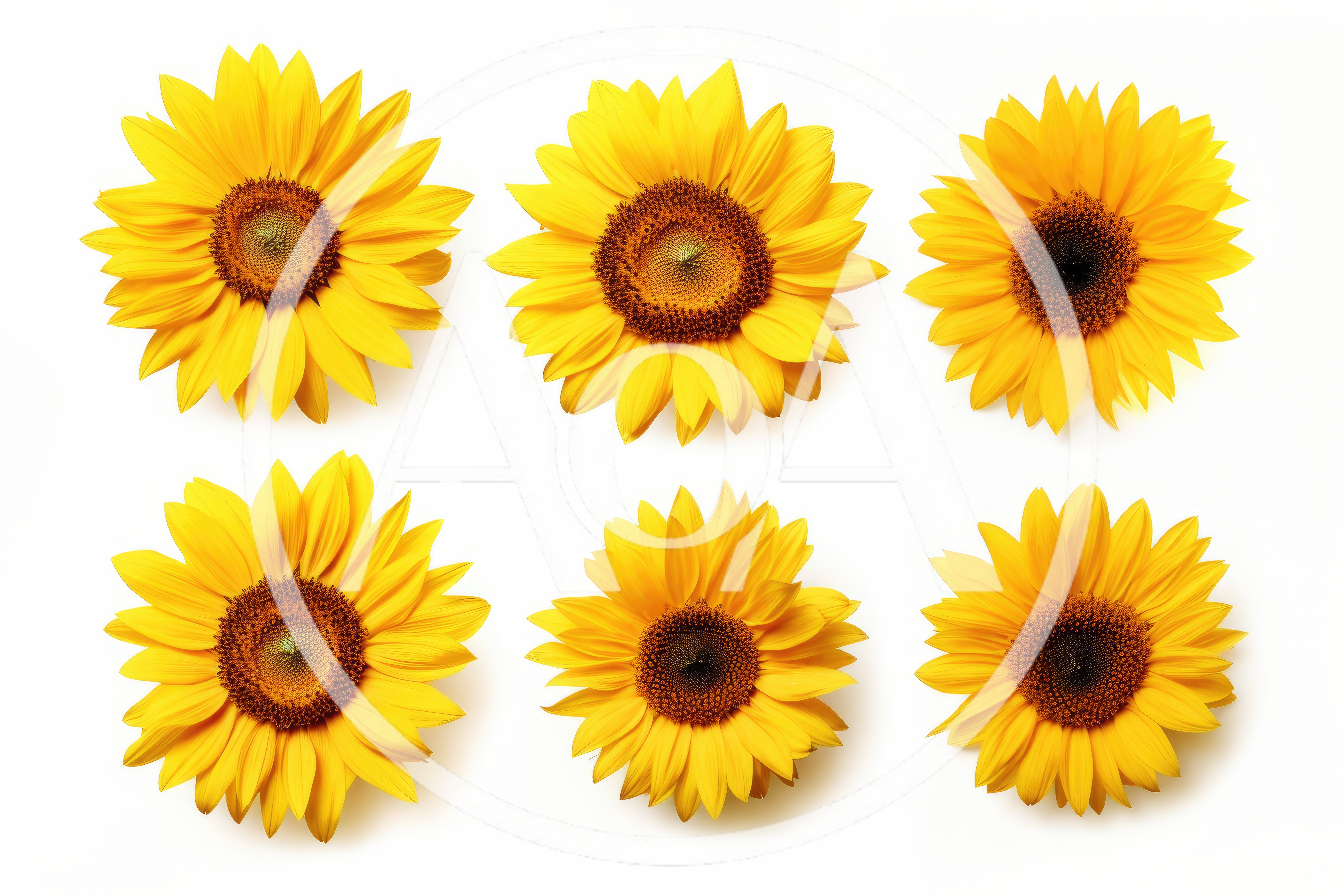 Six Vibrant Yellow Sunflowers Isolated On White Background