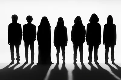 Silhouettes Of Seven Mysterious Figures Standing In A Row