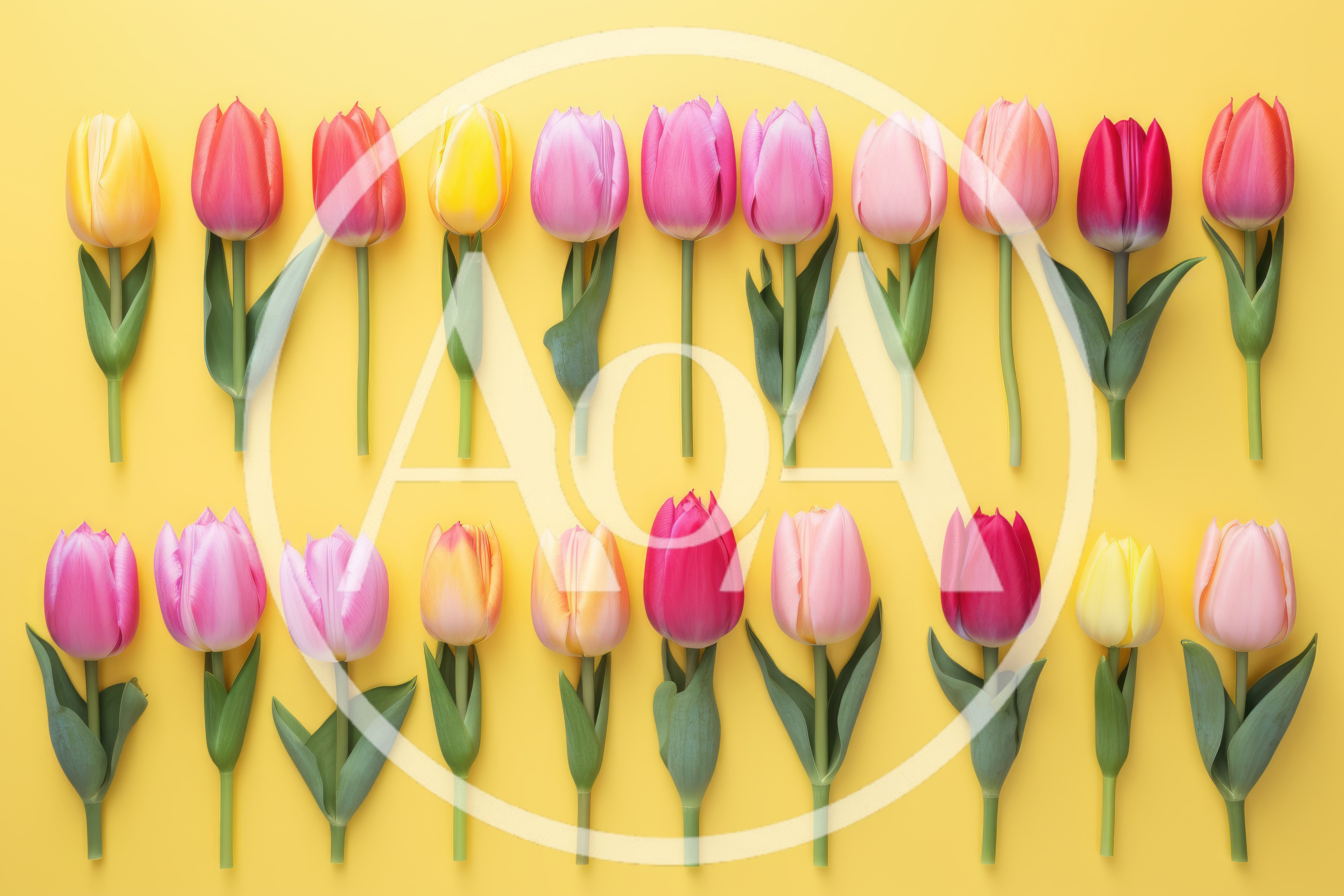 Colorful Tulip Flowers Arranged In Two Rows