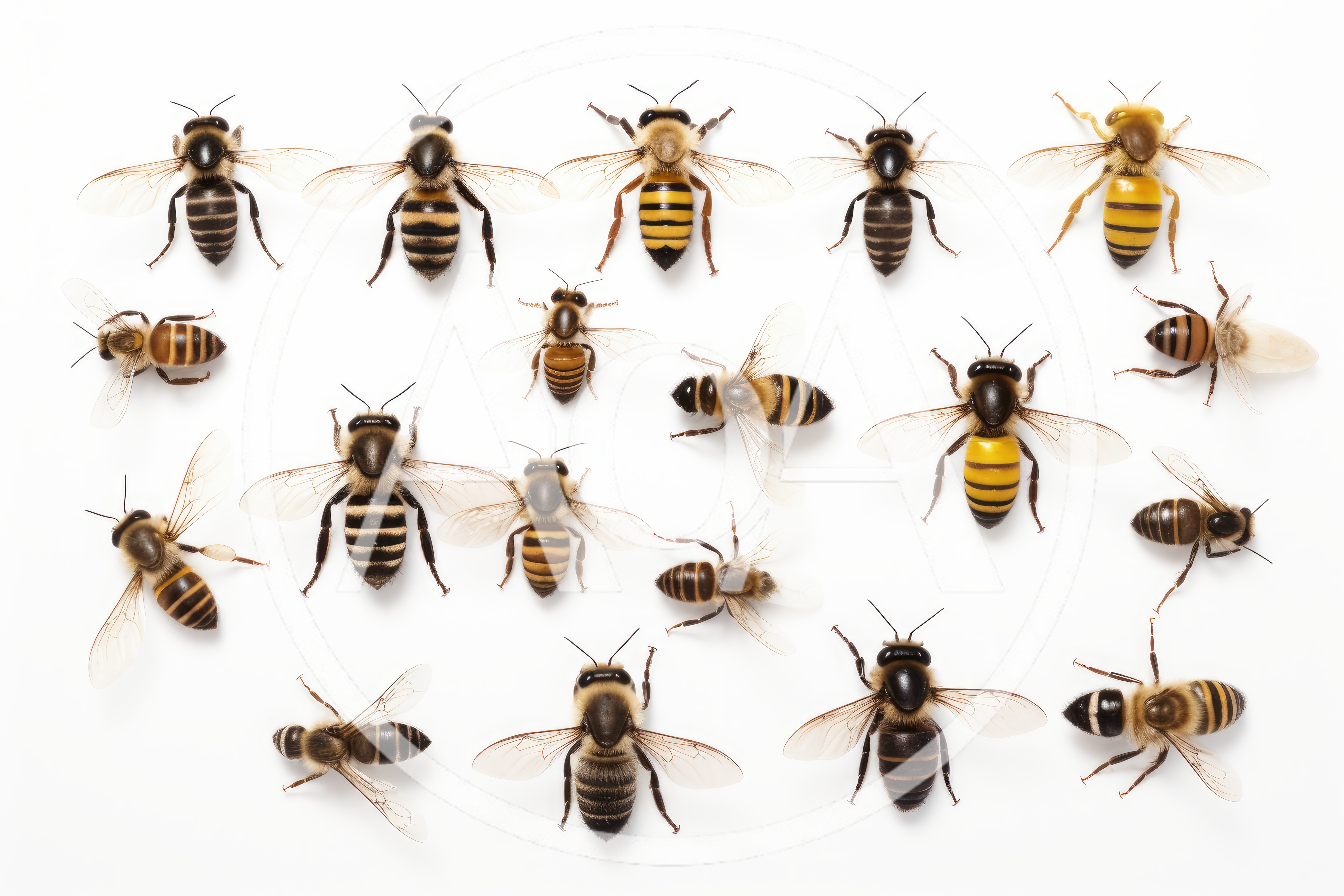 Collection of Various Honey Bees on White Background
