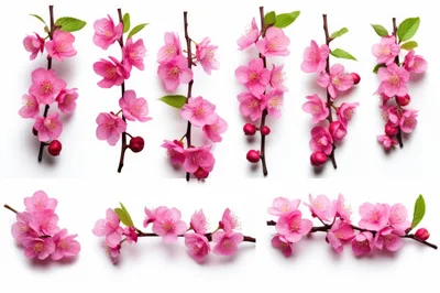 Collection of Pink Cherry Blossom Branches on White