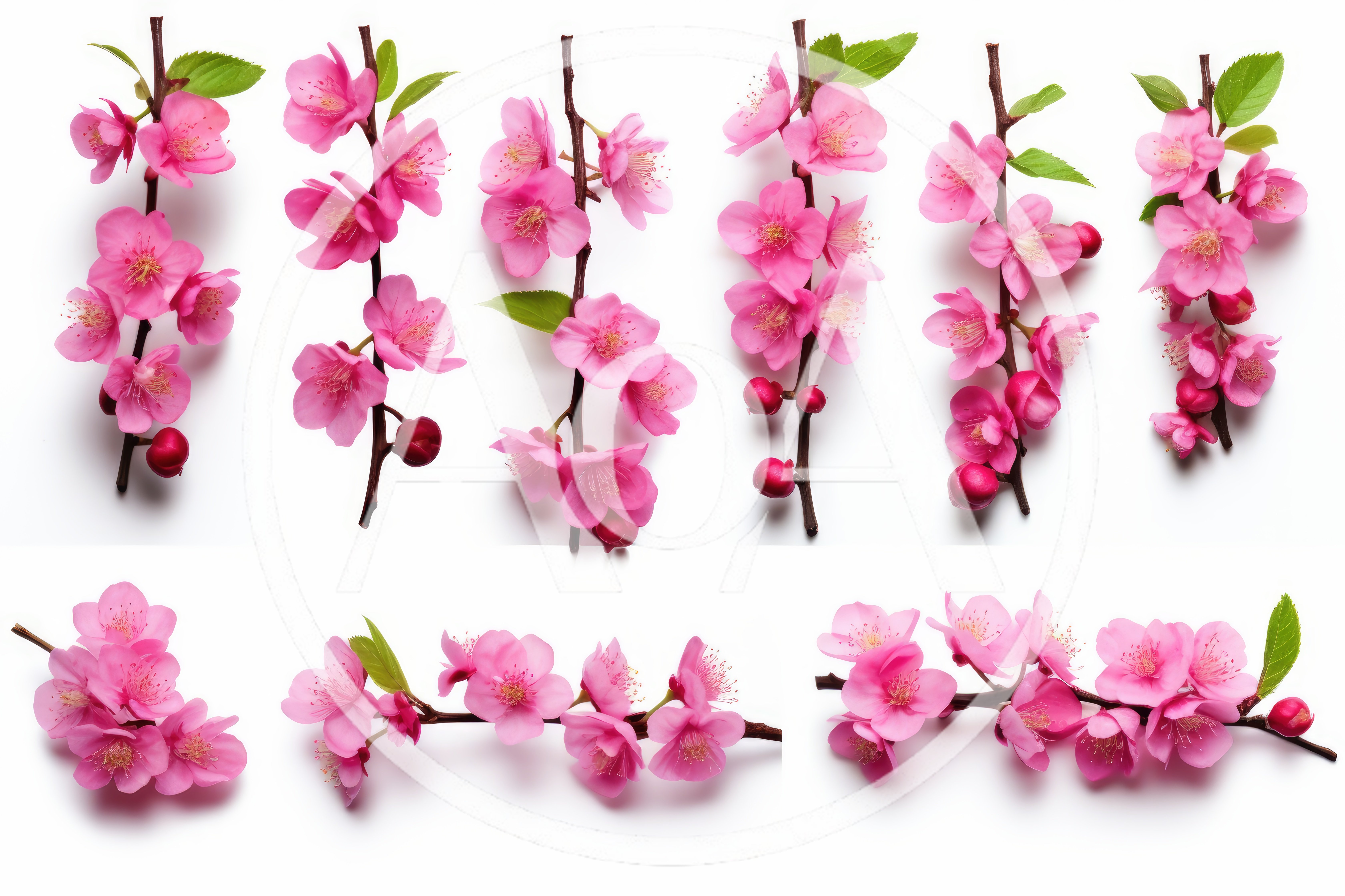 Collection of Pink Cherry Blossom Branches on White