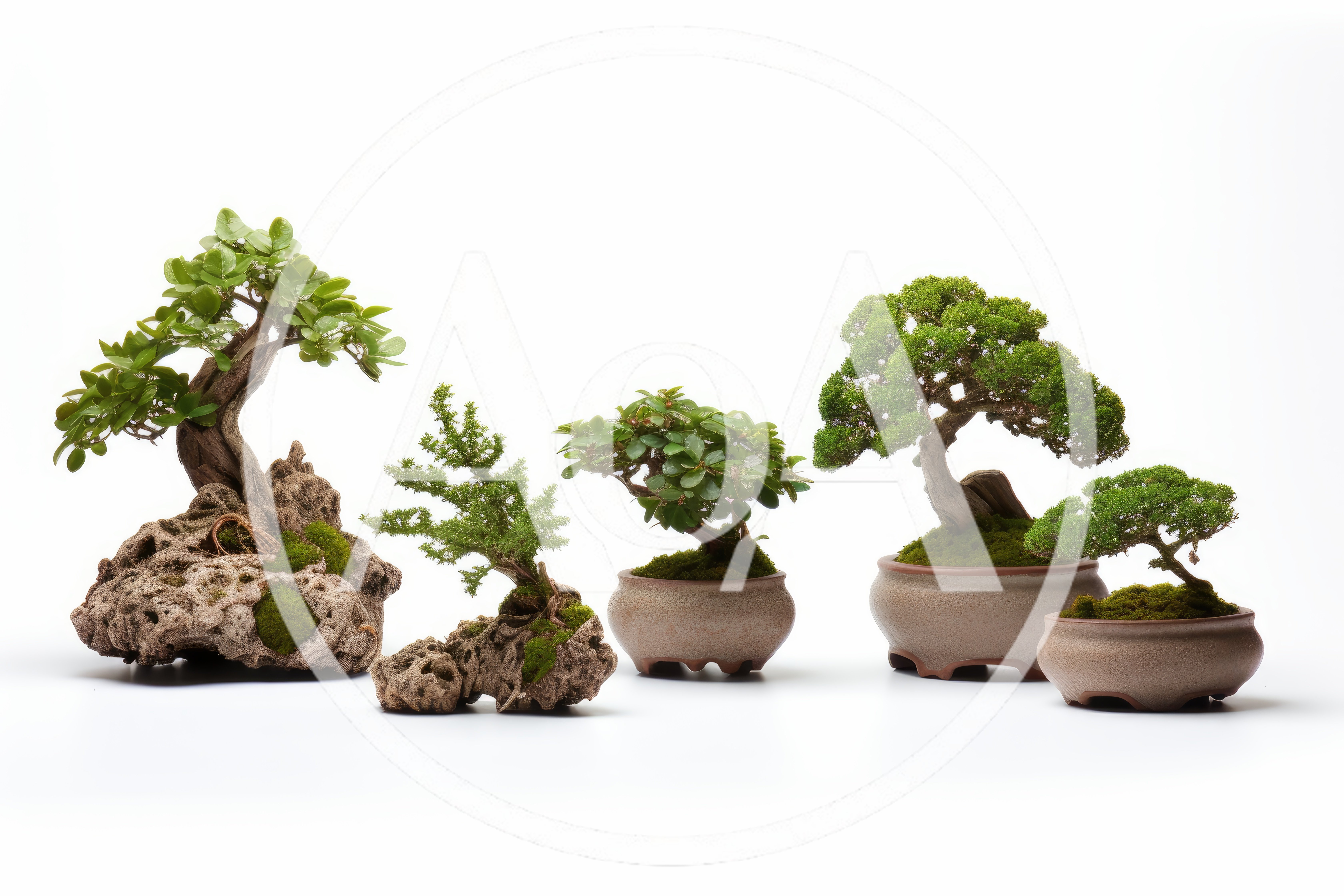 Five Miniature Bonsai Trees Arranged On White Background