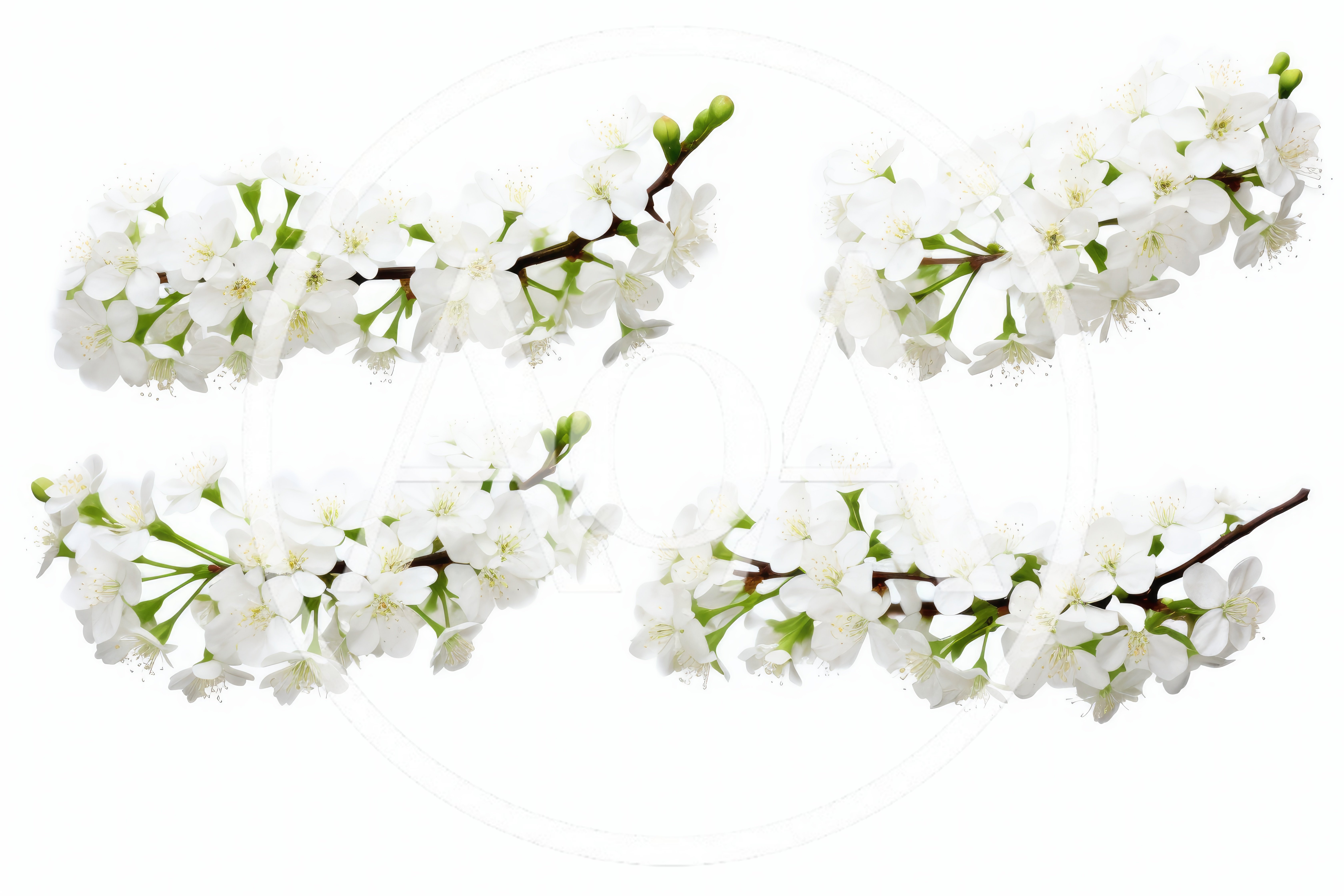 Four Isolated Cherry Blossom Branches on White Background