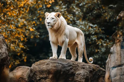 Majestic White Lion Standing On A Rocky Outcrop