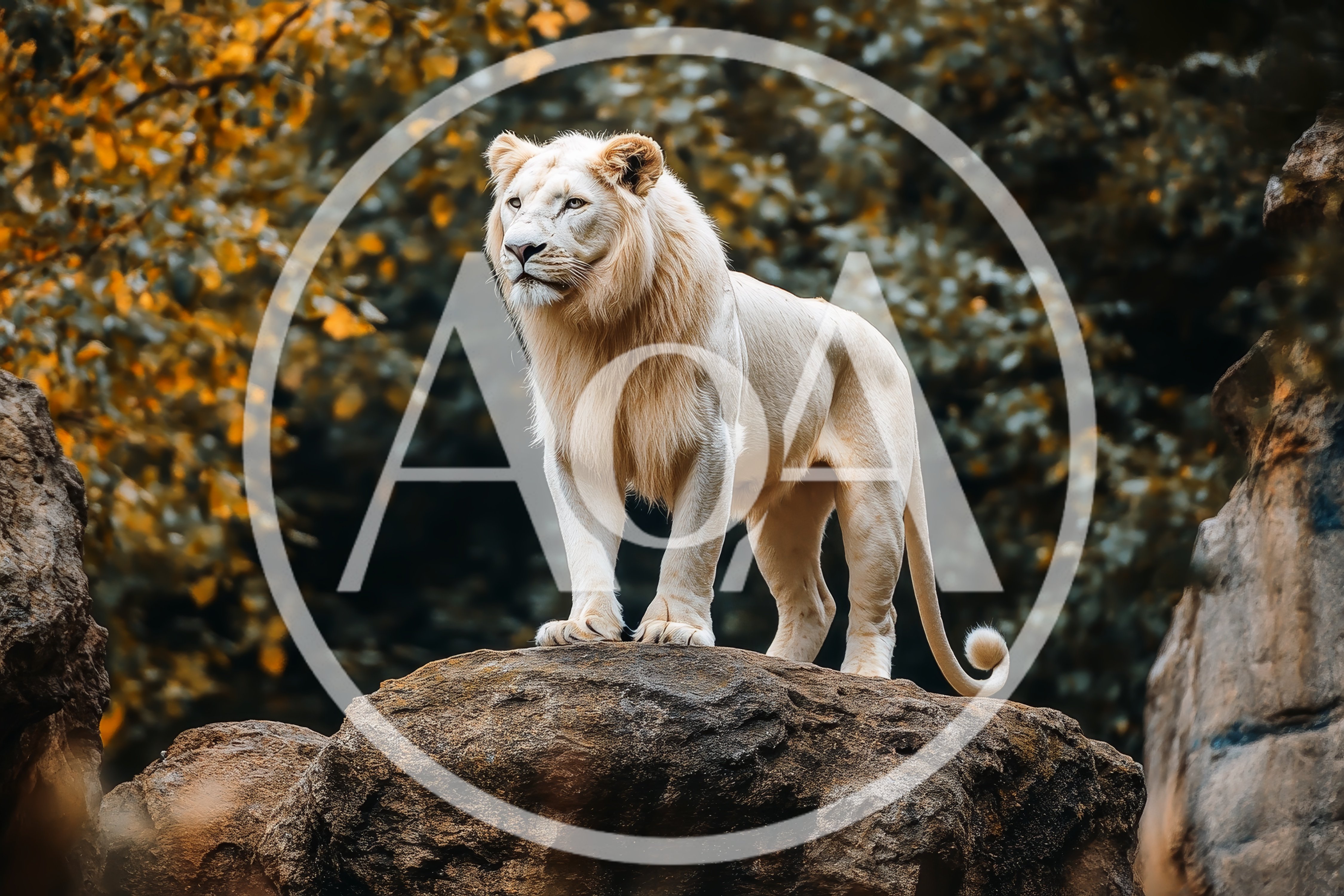 Majestic White Lion Standing On A Rocky Outcrop
