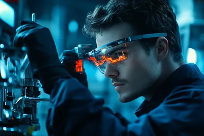 Technician Using Augmented Reality Glasses In High Tech Laboratory