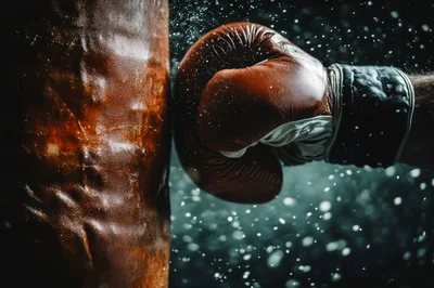 Close Up Of A Boxer Punching A Heavy Bag
