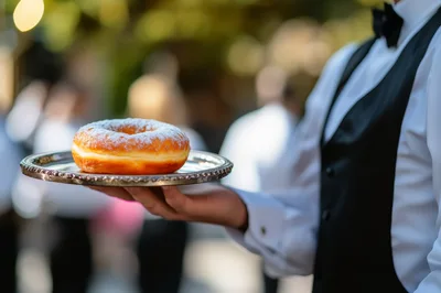 Waiter Serving A Single Sugared Donut On A Silver Tray