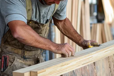 Carpenter Sanding Wooden Board in Workshop