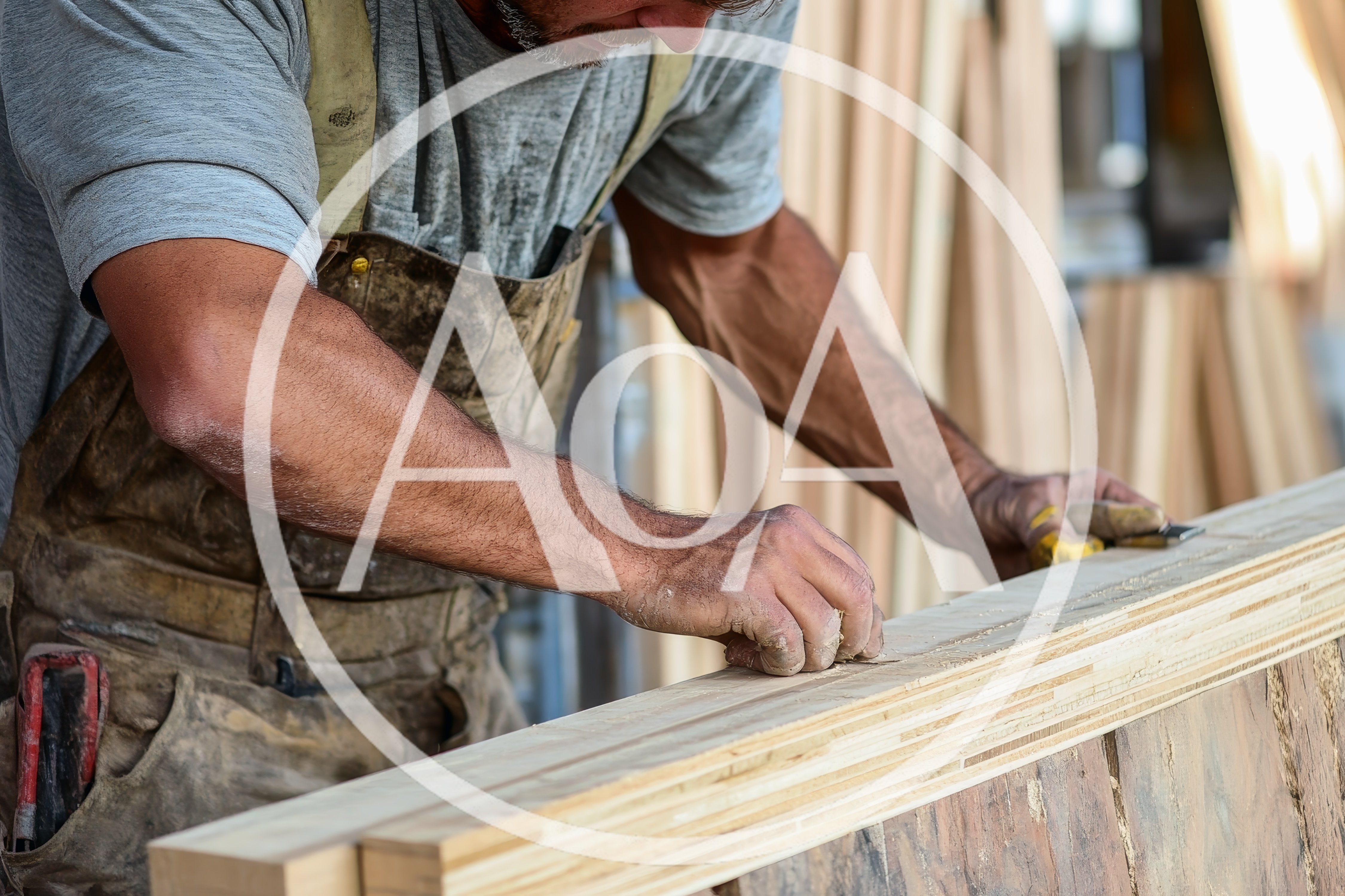 Carpenter Sanding Wooden Board in Workshop
