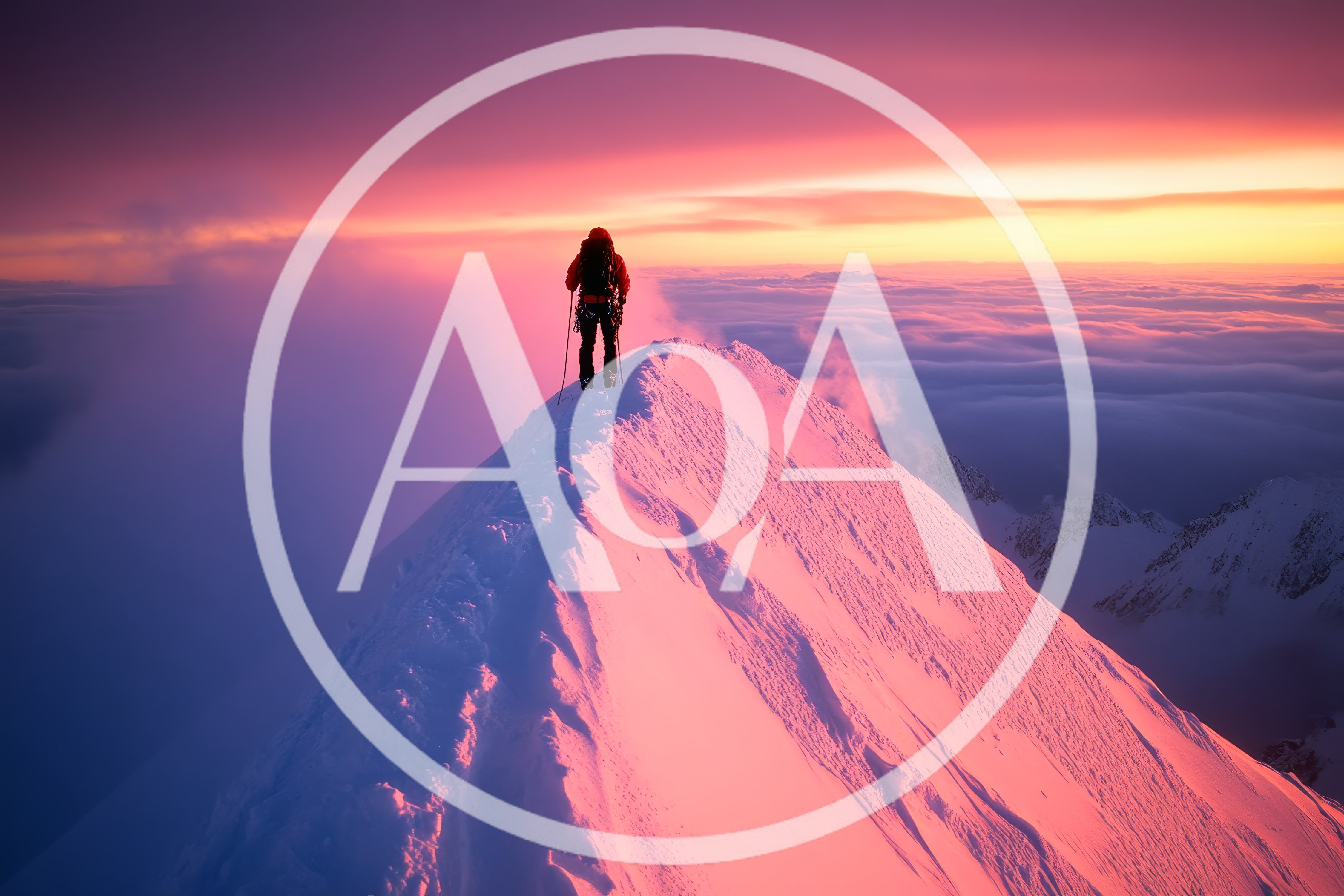 Mountaineer Standing On A Snowy Mountain Peak At Sunset