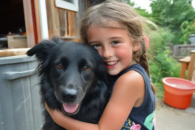 Young Girl Hugging Her Black Dog Outdoors