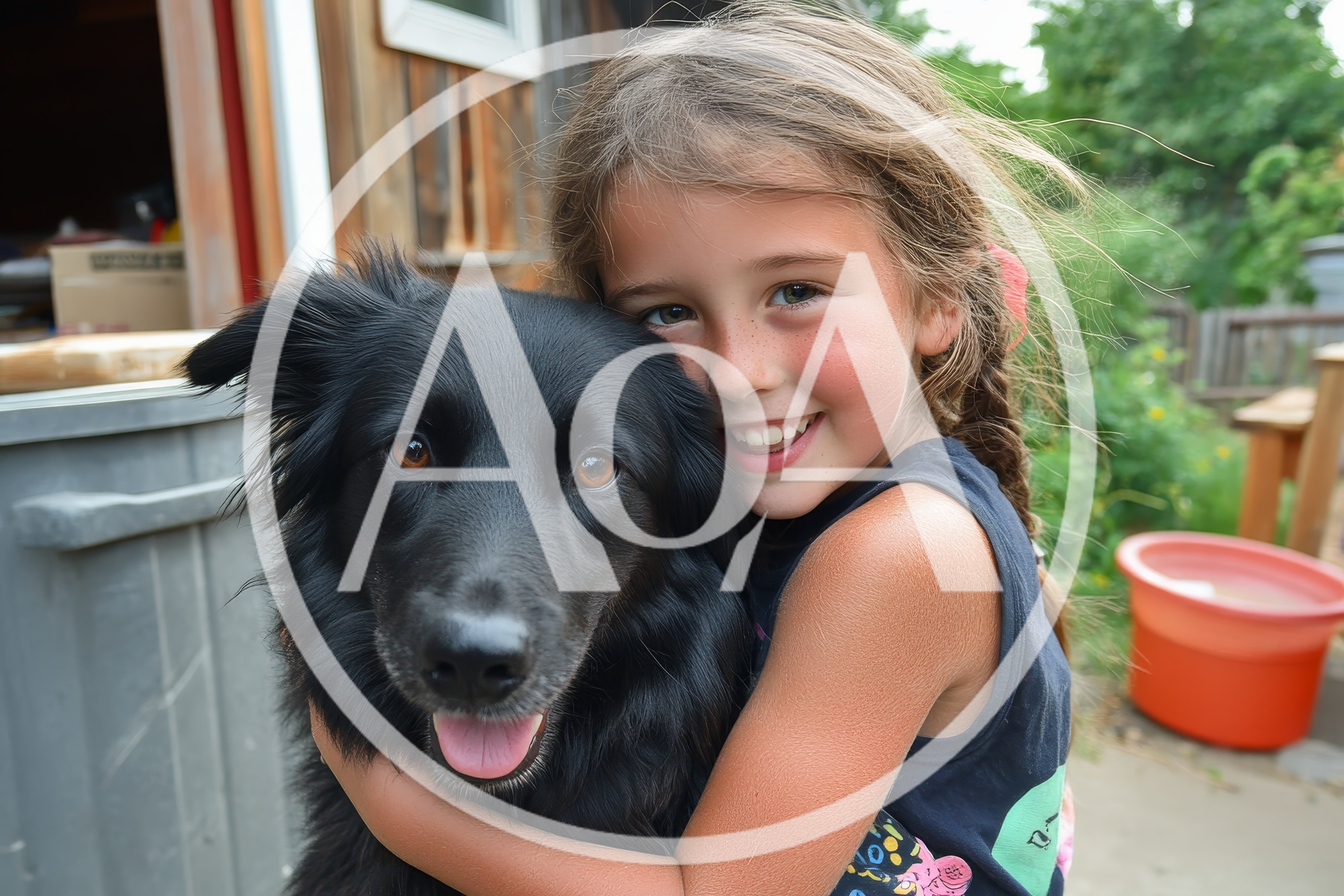 Young Girl Hugging Her Black Dog Outdoors