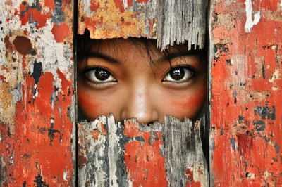 Close Up Portrait Of A Child Peering Through Wooden Planks
