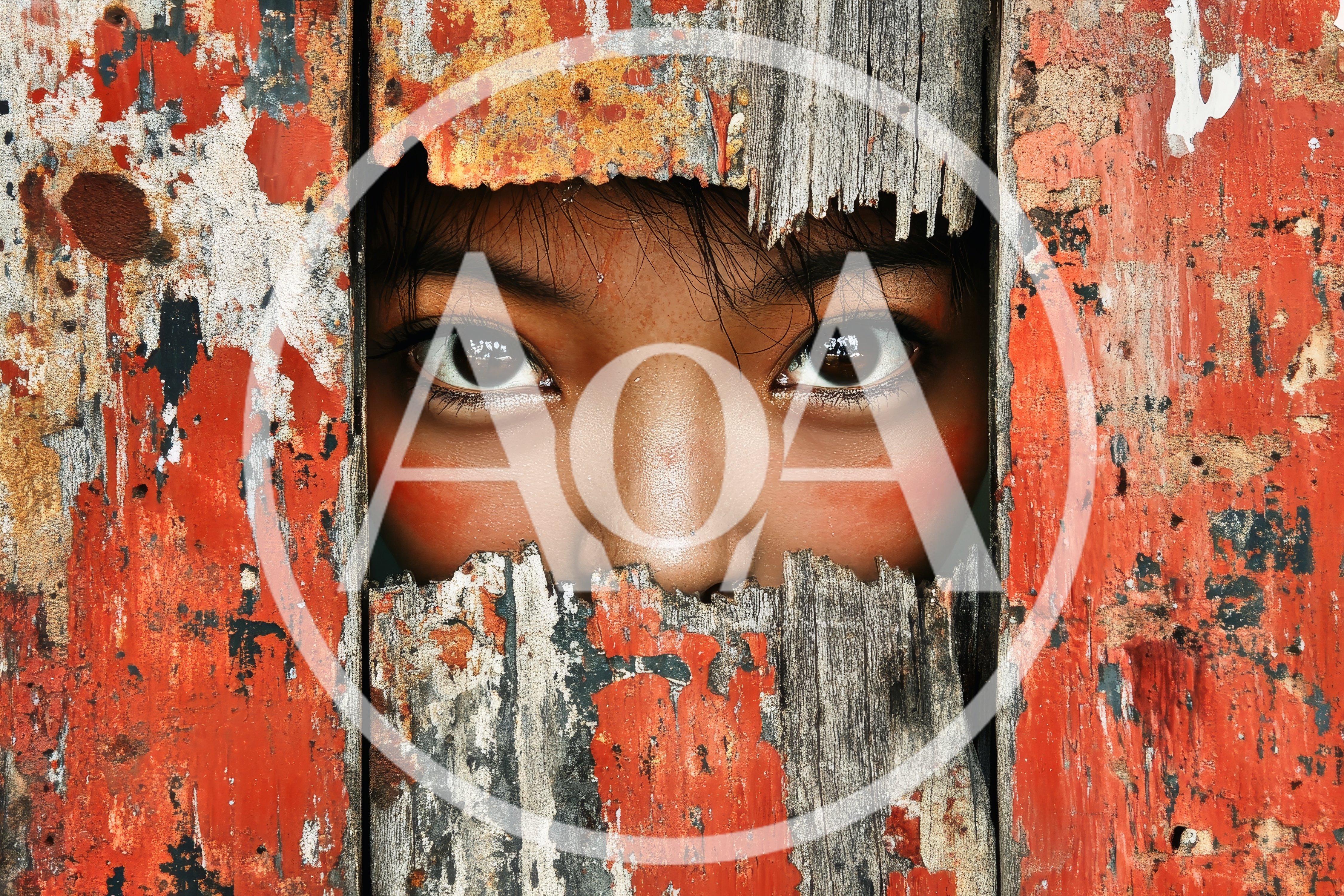 Close Up Portrait Of A Child Peering Through Wooden Planks