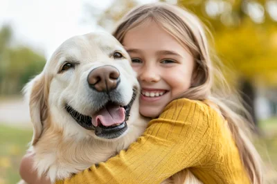 Happy Young Girl Hugging Her Golden Retriever Dog